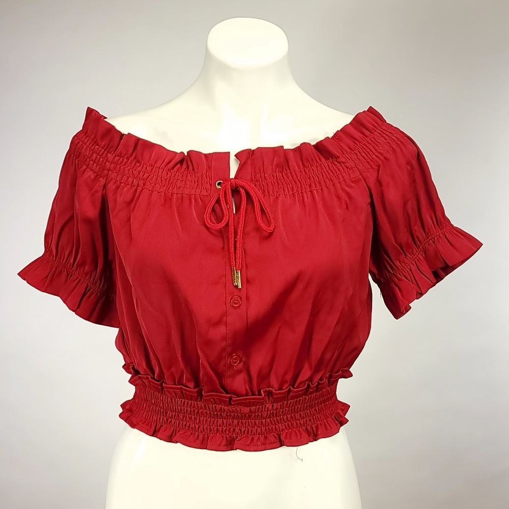 Romeo + Juliet Couture Red Smocked Off Shoulder Crop Top Chilli‎ Pepper L NWT